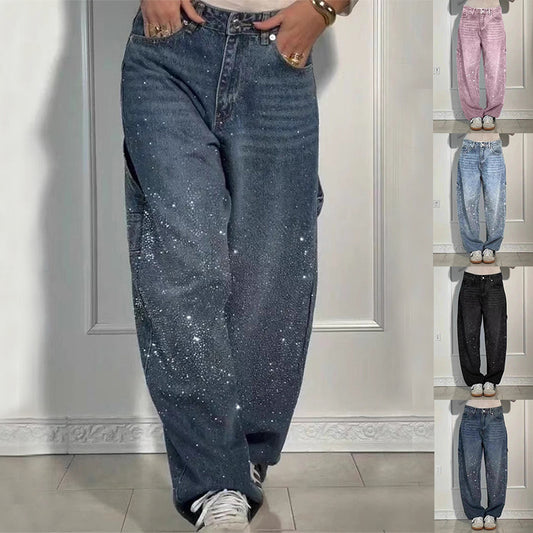 Jeans dritti a gamba larga da donna con tasche